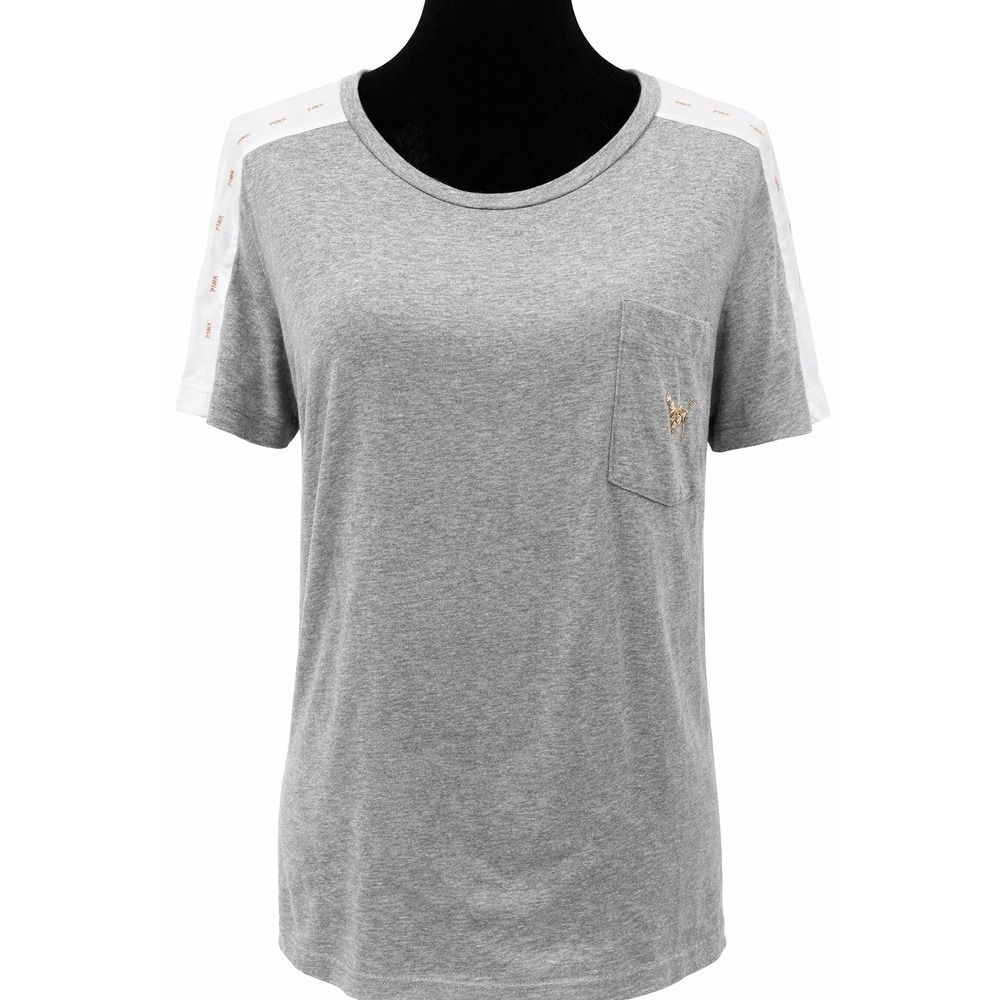 PINK Victoria's Secret Womens Sequin‎ Dog In Laurel Wreath T-Shirt Large Gray